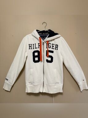 Tommy Hilfiger White Zip Hoodie with Navy Applique and Orange Drawcords